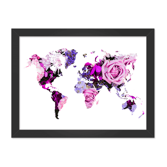 Quadro Mapa Mundi Rosa Moldura Preta Lisa - 30x20 Cm-sv