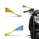 Retrovisor Moto Esportivo Triangular Tipo Rizoma Tomok Aluminio Inteiro Dourado Espelho Azul Par