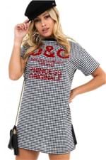 T-shirt Dress Vichy com Estampa Lettering BL4212 - Kam Bess