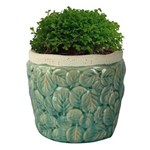 Vaso Embossed Leaves Thin Edge em Cerâmica - Pequeno - 15x17cm - Cor Verde - 41056