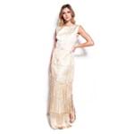 Vestido Donata Longo Brocado com Saia em Franjas Isolda - Dourado / Off White