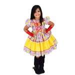 Vestido Festa Caipira Quadrilha Junina Infantil Amarelo Chique com Luva e Fitas de Cabelo