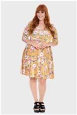 Vestido Godê Veludo Floral Plus Size Amarelo-44/46
