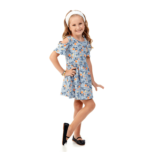 Vestido Infantil Abrange Flores Azul Marinho e Natural 04