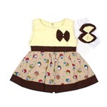 Vestido Infantil Menina Palha com Estampa de Cupcake + Faixa de Cabelo